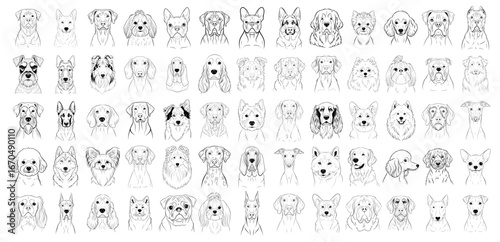 Dog Head Set Svg. Large set of various dog breed heads, a detailed vector collection of canine portraits perfect for pet-related designs, logos, and veterinary graphics.
