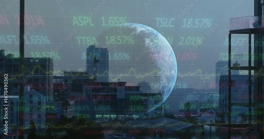 Obraz premium Hovering planet Earth dominating city skyline at dusk, with floating stock ticker symbols