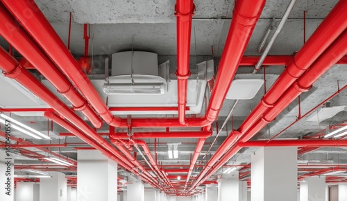 Red fire suppression pipes in a modern building's ceiling