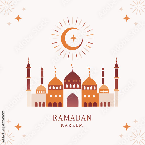Ramadan kareem islamic greeting with mosque and crescent moon illustration