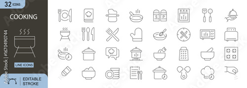 Cooking icons set. Includes icons for pan, pot, spoon, chef, recipe, grill, and kitchen tools. Editable stroke. Line icons. Perfect for infographics.
