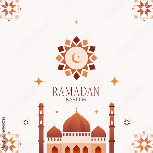 Ramadan kareem greeting with mosque and islamic geometric patterns