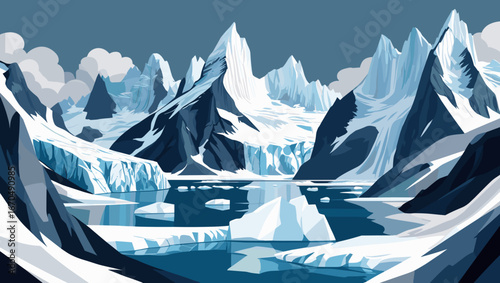 Stunning icy mountain landscape with glaciers and a reflective lake