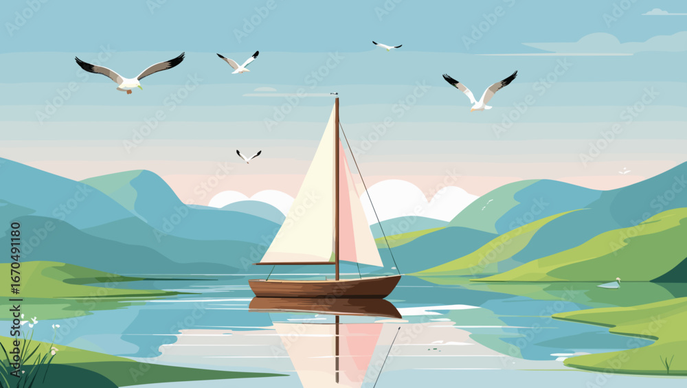 Naklejka premium Sailing boat on a tranquil lake surrounded by mountains and flying seagulls
