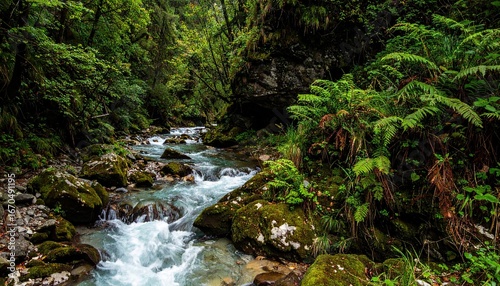 Rushing River in Lush Green Rainforest