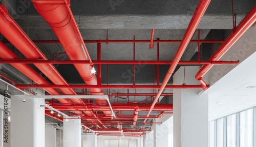Red pipes crisscross ceiling of a modern building