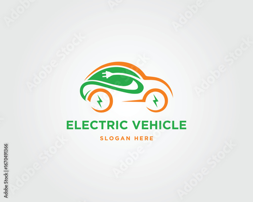 Modern electric vehicle logo design with leaf symbol vector template