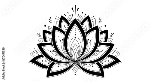 Stylized Black Silhouette Lotus Flower with Ornate Details, Spiritual Floral Symbol on Isolated White Background