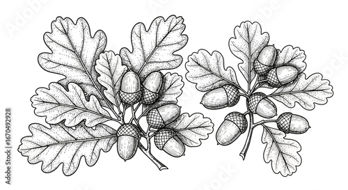 Detailed line art of two oak branches with clusters of acorns and textured leaves, creating an autumnal and natural design on an isolated white background.