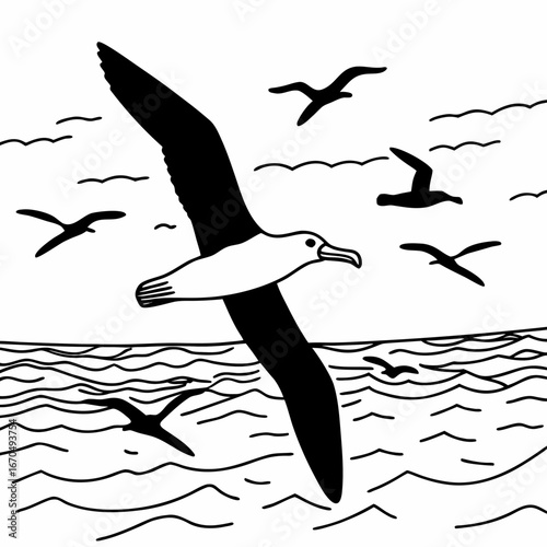 A flock of seagulls flying over wavy ocean water