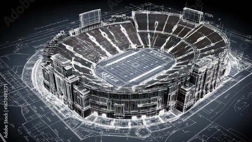 Detailed Architectural Blueprint of a Modern Stadium with Field Design and Seating Arrangement in 3D View