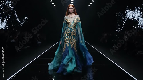 A high fashion model with long red hair walks the runway in a stunning and ethereal fantasy gown of green and gold at a haute couture fashion show