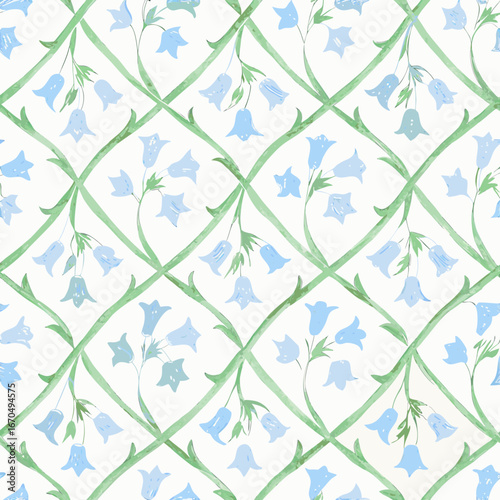 Watercolor bluebell floral pattern with a green lattice overlay