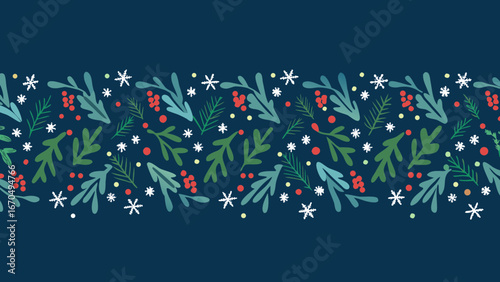 Festive christmas border with holly berries and snowflakes on dark blue background