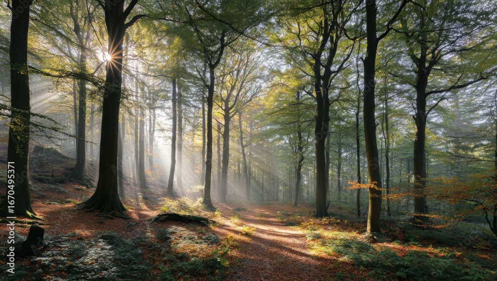 Fototapeta premium Sunlight streams through a misty autumn forest (1)