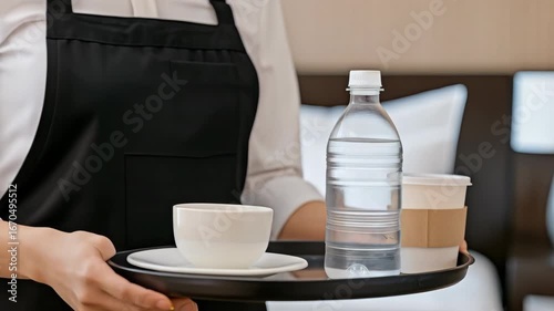 A server presents a tray with coffee, water, and breakfast, showcasing hospitality in a comfortable environment