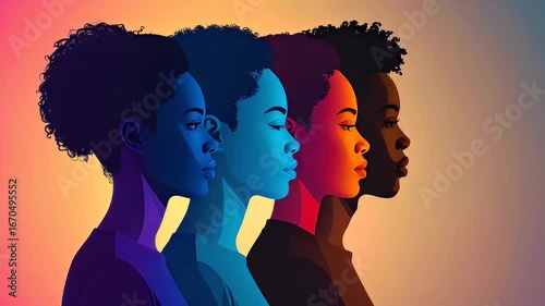 Four women in profile with diverse skin tones against a colorful gradient background