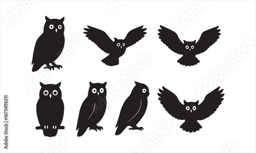 Owl Silhouettes side and front profiles black on white Vector