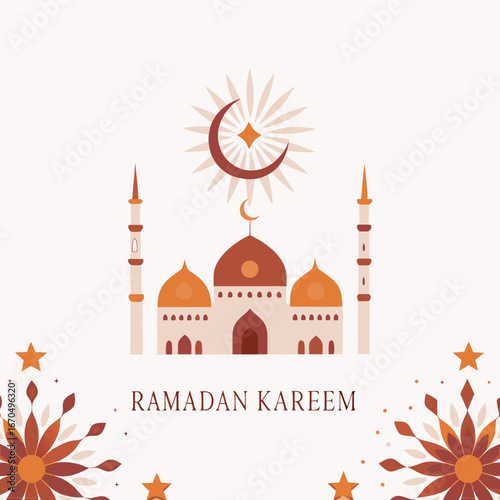 Ramadan kareem greeting with mosque and crescent moon illustration