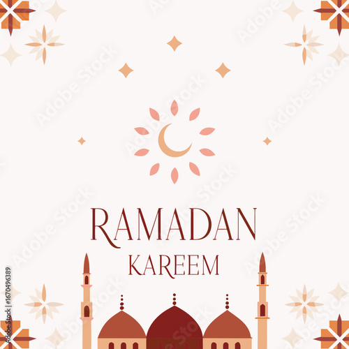 Ramadan kareem greeting with mosque and crescent moon design