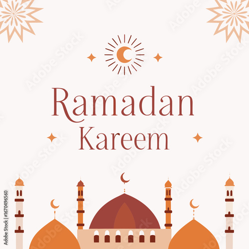 Ramadan kareem greeting with mosque and celestial elements