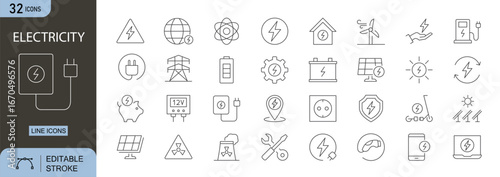 Electricity icons set. Includes icons for power, plug, socket, energy, lightbulb, high voltage, solar, battery, and electric tools. Editable stroke. Line icons. Perfect for infographics.