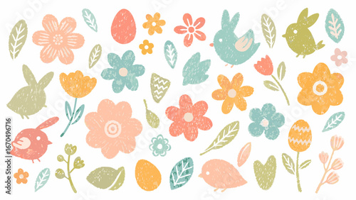 Wallpaper Mural Cute easter elements with bunnies flowers birds and eggs in pastel colors Torontodigital.ca