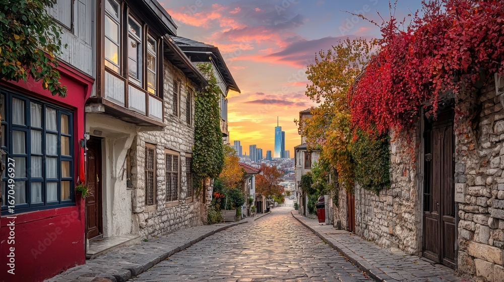 Fototapeta premium Charming cobblestone street in historic neighborhood at sunset, showcasing traditional architecture and autumn foliage with modern cityscape in the distance.