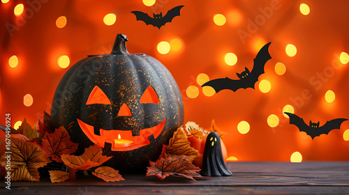 Festive Halloween Themed Decorations With Pumpkins, Orange Shiny Background 