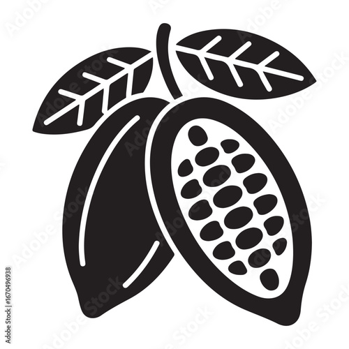 Cocoa beans solid icon, Chocolate festival concept, Cocoa pod sign, cacao bean with leaves icon. Vector black silhouette. with white background
