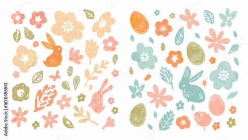 Cute easter bunnies and flowers with painted texture