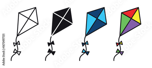  Kite with decorative tail , flying in summer windy days isolated  on white background . Vector illustration .