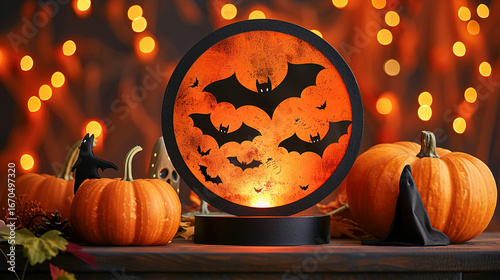 Festive Halloween Themed Decorations With Pumpkins, Orange Shiny Background 