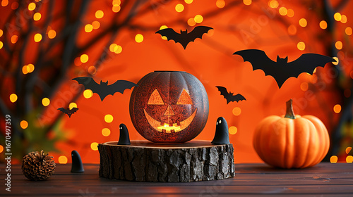 Festive Halloween Themed Decorations With Pumpkins, Orange Shiny Background 
