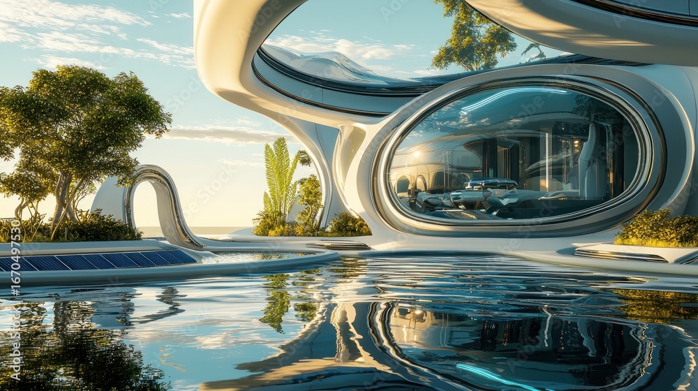 Obraz premium Futuristic house with pool, reflecting sunset.