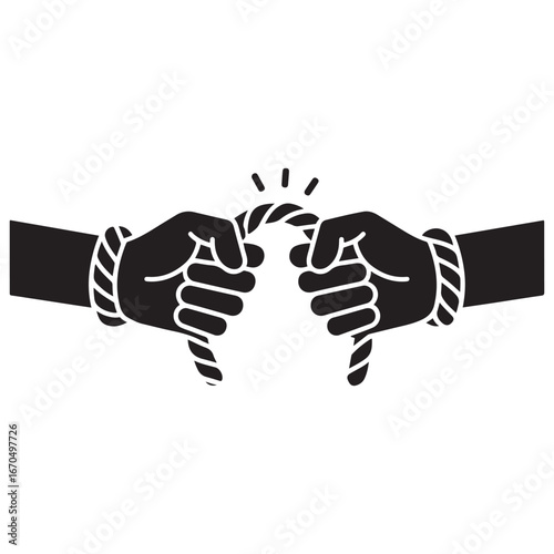 Hands tore the rope solid icon, life without addiction concept, anti drug, alcohol, smoking sign, stop bad habits icon. Vector black silhouette. with white background