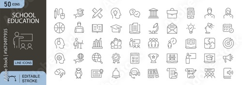 School Education icons set. Includes icons for book, pencil, graduation, teacher, student, class, learning, exam, and knowledge. Editable stroke. Line icons. Perfect for infographics.