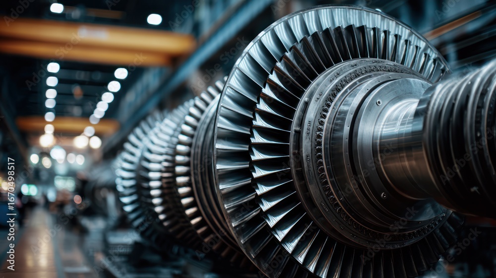 Fototapeta premium Close-up of rotating blades inside an industrial steam turbine