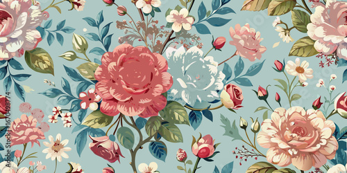 Seamless pattern with vintage pink roses and floral decoration