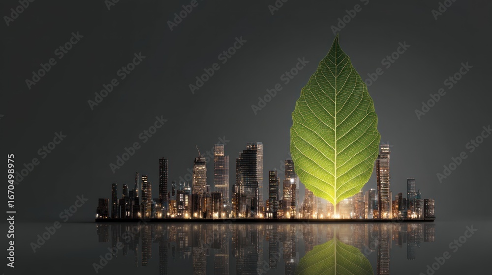 Fototapeta premium Concept of renewable energy with a glowing green leaf powering buildings