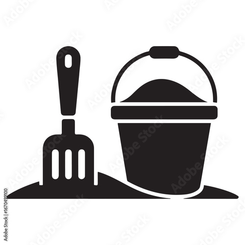 Spatula and bucket with sand solid icon, kid toys concept, Toys for sandbox sign. Vector black silhouette. with white background