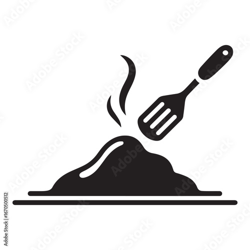 Pile of roasted ground coffee, smoke and spatula solid icon, catering concept, grind vector sign. Vector black silhouette. with white background