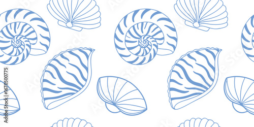 Seamless seashell pattern in blue line art style, perfect for textile, wallpaper, and beach-themed design. Nautical marine shell illustration for summer decoration. High-quality ocean abstract 