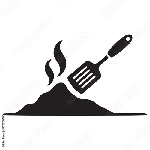 Pile of roasted ground coffee, smoke and spatula solid icon, catering concept, grind vector sign. Vector black silhouette. with white background