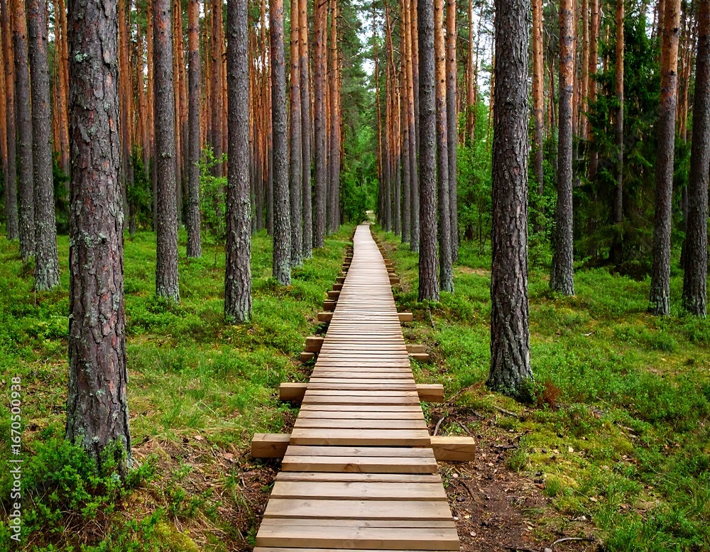 Obraz premium Wooden path through pine forest