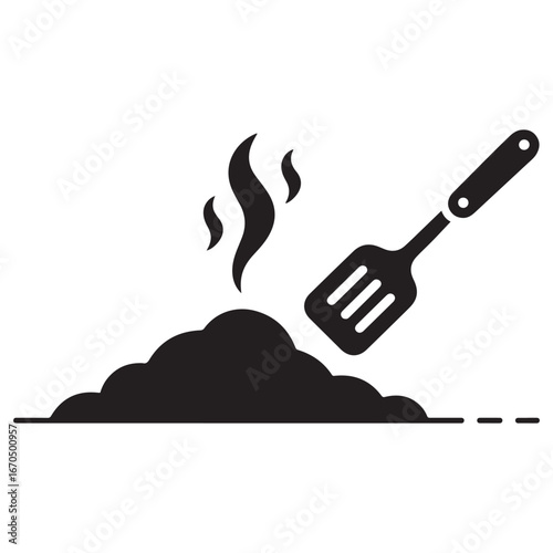 Pile of roasted ground coffee, smoke and spatula solid icon, catering concept, grind vector sign. Vector black silhouette. with white background