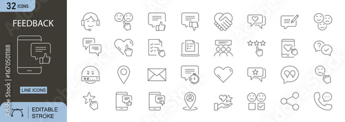 Feedback icons set. Includes icons for rating, review, comment, survey, satisfaction, star, like, dislike, opinion, and testimonial. Editable stroke icons. Perfect for apps, websites, and customer sup