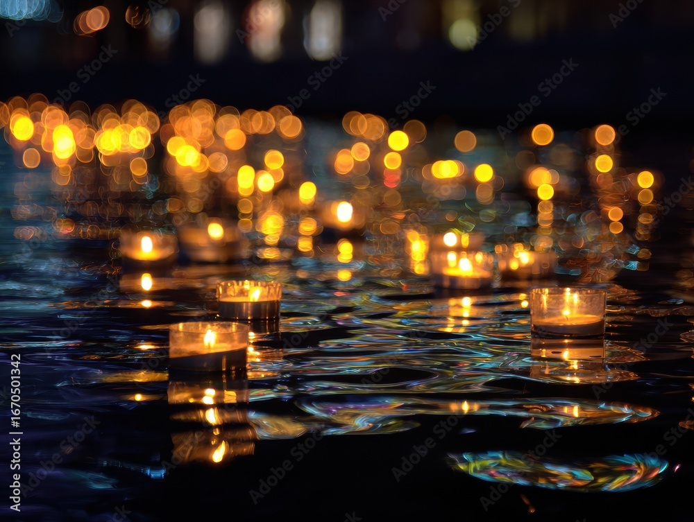 Obraz premium Floating Candles on Water - Serene Night Scene with Bokeh Effect and Warm Glow.