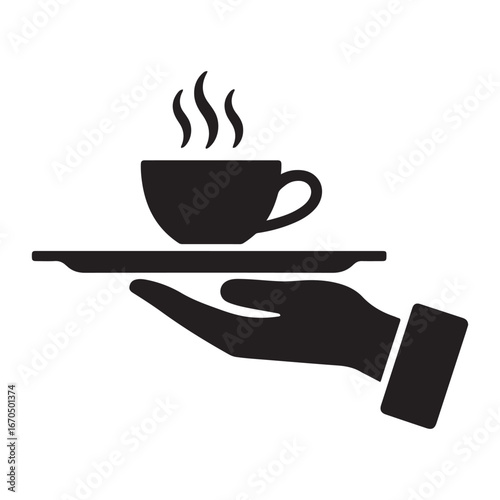 Cup of hot coffee on tray and hand solid icon, catering business concept, service vector sign. Vector black silhouette. with white background