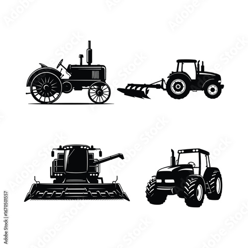 Black and White Silhouettes of Vintage and Modern Agricultural Vehicles Showing Tractors and Combine Harvester for Farming and Agriculture Industry Designs